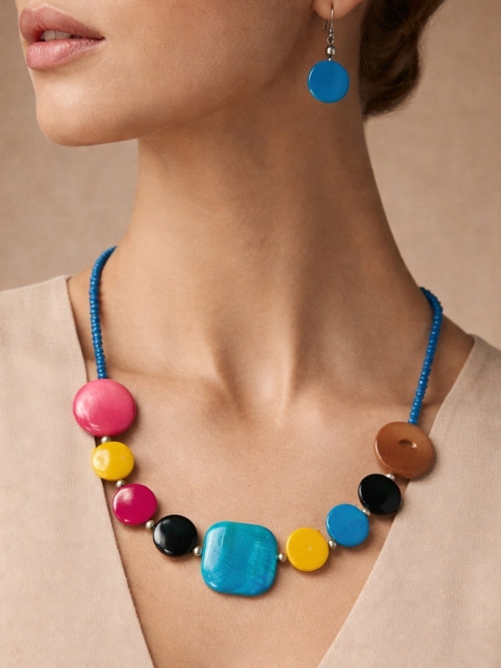 Colorful Beaded Necklace & Turquoise Drop Earrings Set Bold Statement Jewelry